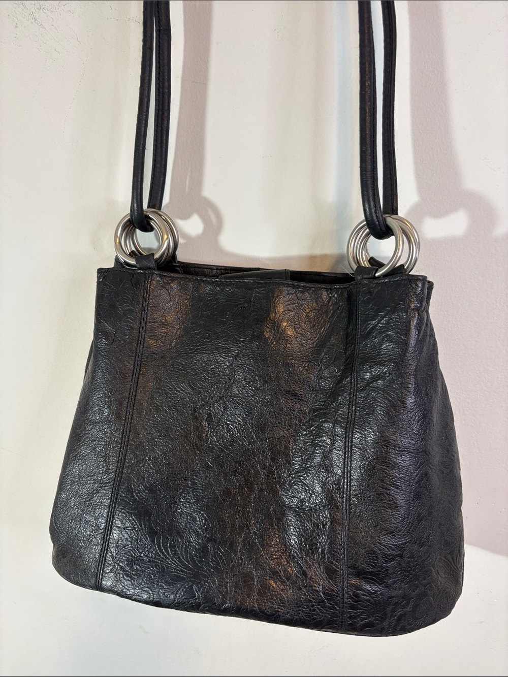 Y2K Black Embossed Leather Shoulder Bag Silver Ring Detail Straps Multi Pocket